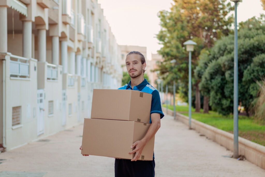 A delivery man holding two boxes