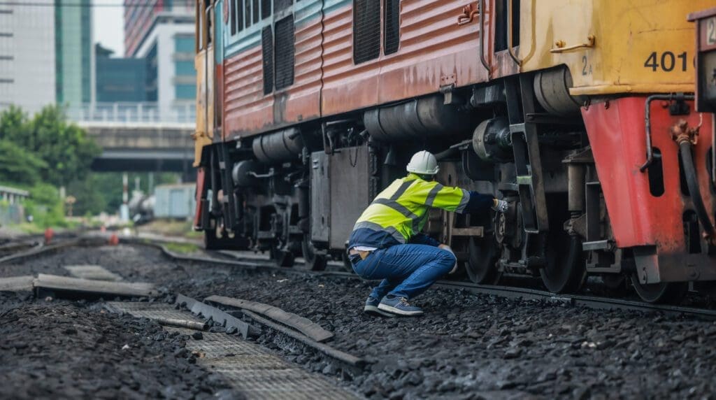 Train engineers work on a train car.